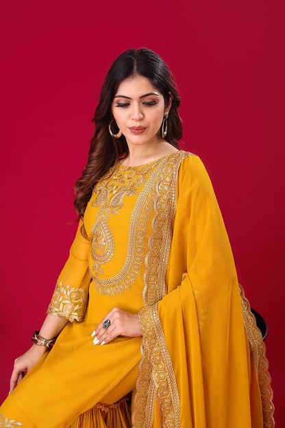 Yellow Designer Blooming Faux Georgette Palazzo Top and Dupatta