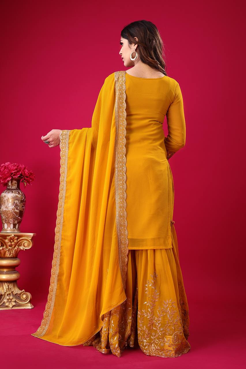 Yellow Designer Blooming Faux Georgette Palazzo Top and Dupatta