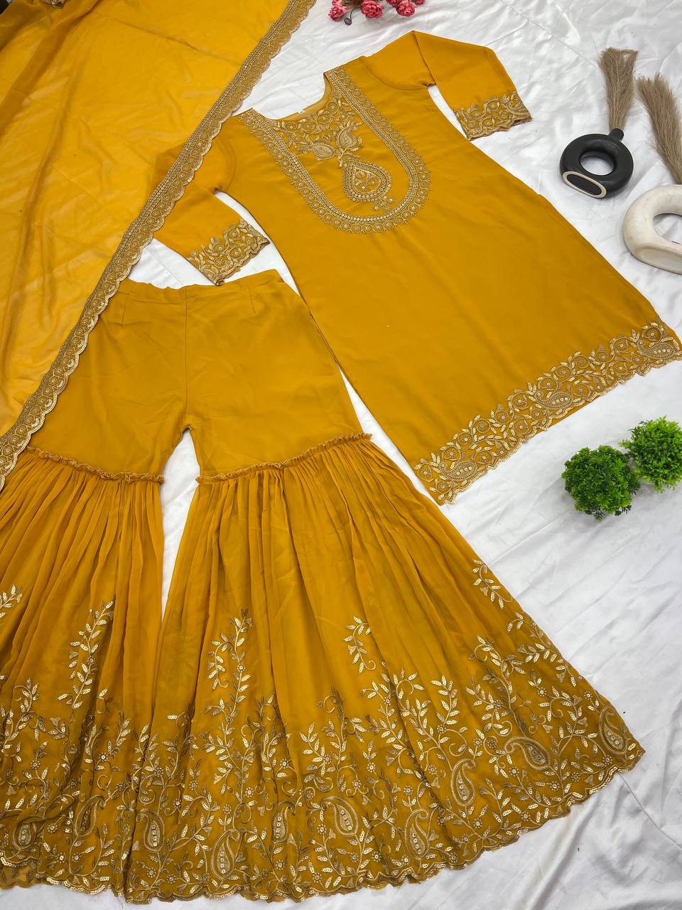 Yellow Designer Blooming Faux Georgette Palazzo Top and Dupatta