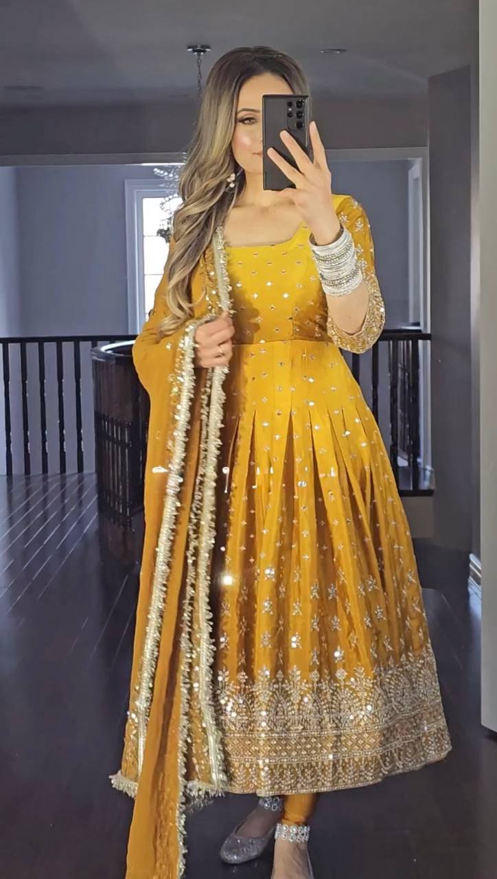 Yellow Designer Dual Tone Chinon Silk Anarkali Gown with Dupatta