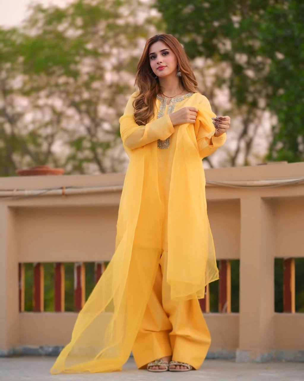 Yellow Designer Faux Georgette Embroidery Sharara Suit and Dupatta