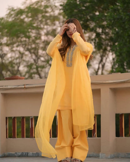 Yellow Designer Faux Georgette Embroidery Sharara Suit and Dupatta