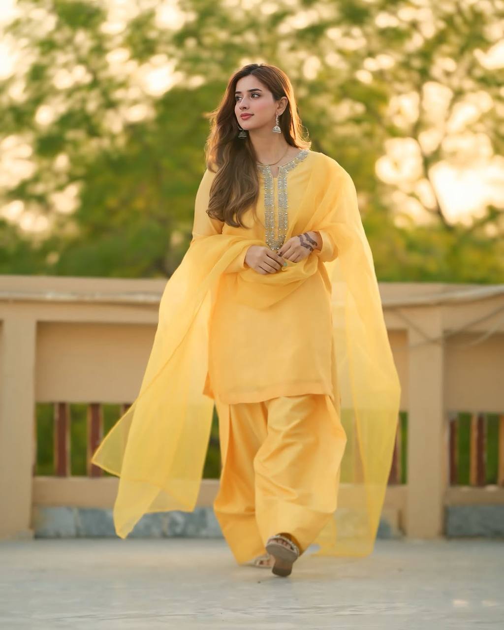 Yellow Designer Faux Georgette Embroidery Sharara Suit and Dupatta