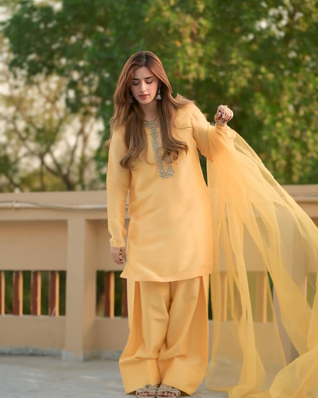 Yellow Designer Faux Georgette Embroidery Sharara Suit and Dupatta