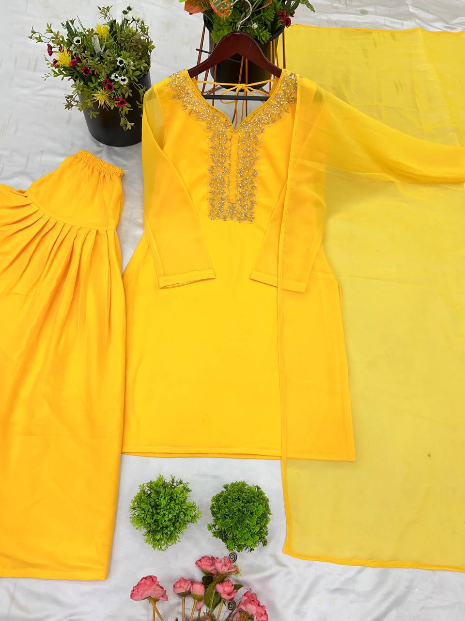 Yellow Designer Faux Georgette Embroidery Sharara Suit and Dupatta