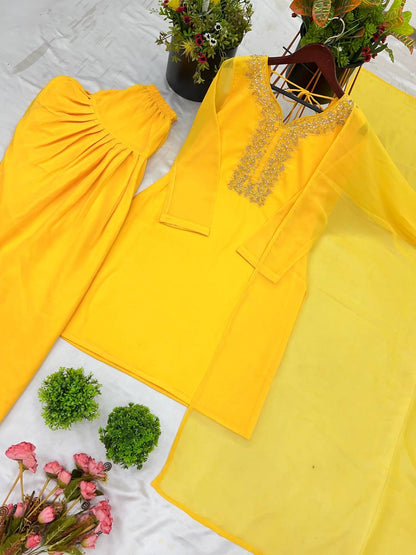 Yellow Designer Faux Georgette Embroidery Sharara Suit and Dupatta