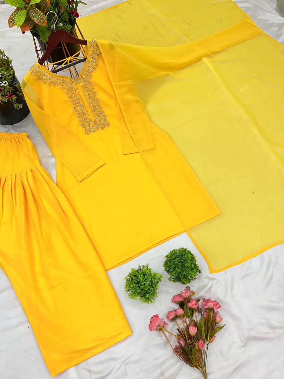 Yellow Designer Faux Georgette Embroidery Sharara Suit and Dupatta