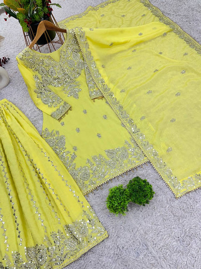 Yellow Designer Heavy Chinon Silk Top Gharara and Dupatta For Party Wear