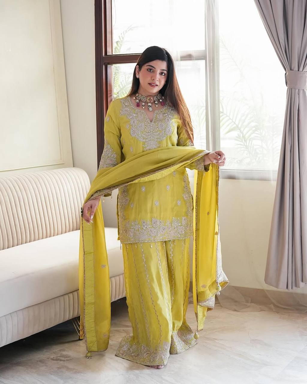 Yellow Designer Heavy Chinon Silk Top Gharara and Dupatta For Party Wear