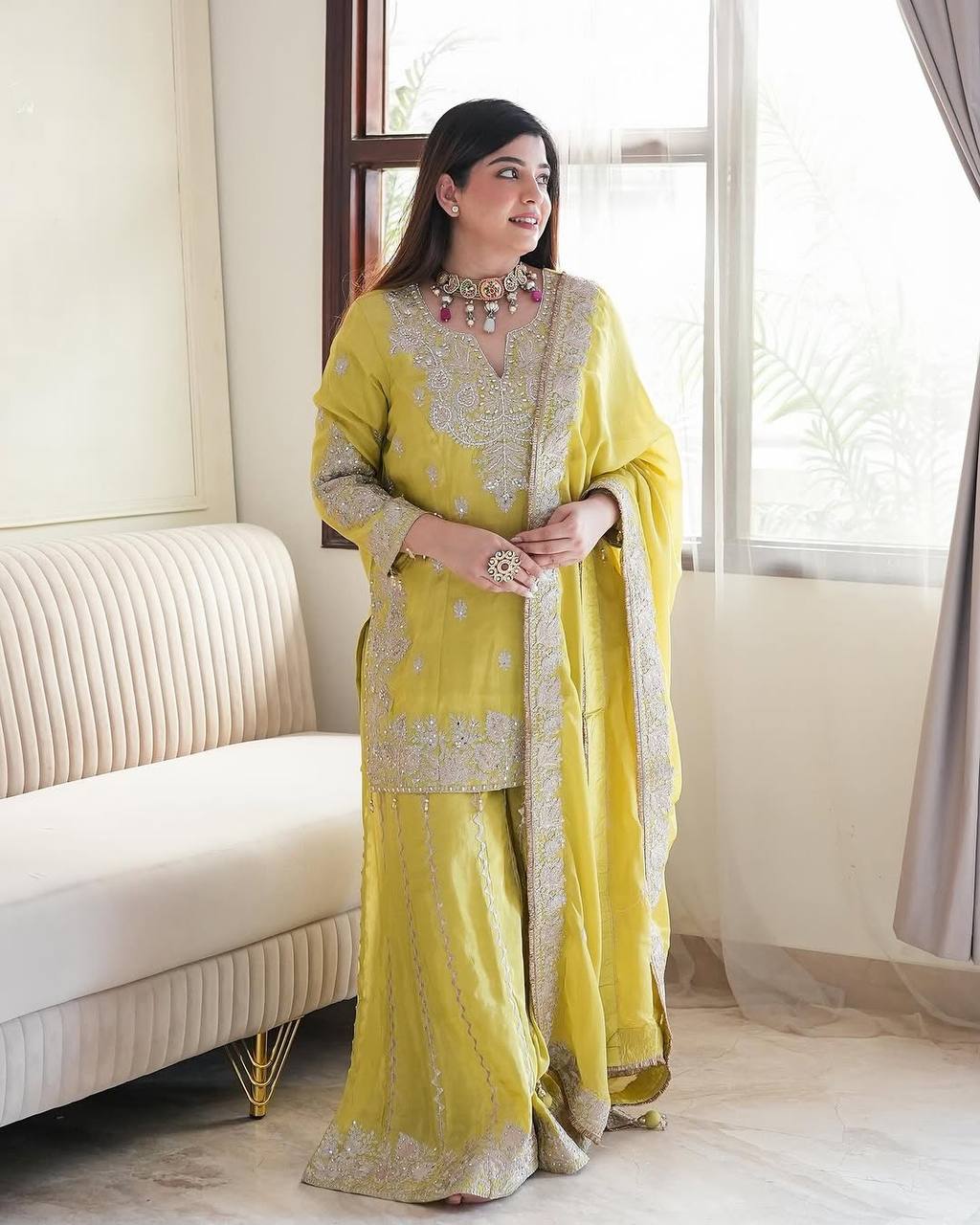Yellow Designer Heavy Chinon Silk Top Gharara and Dupatta For Party Wear