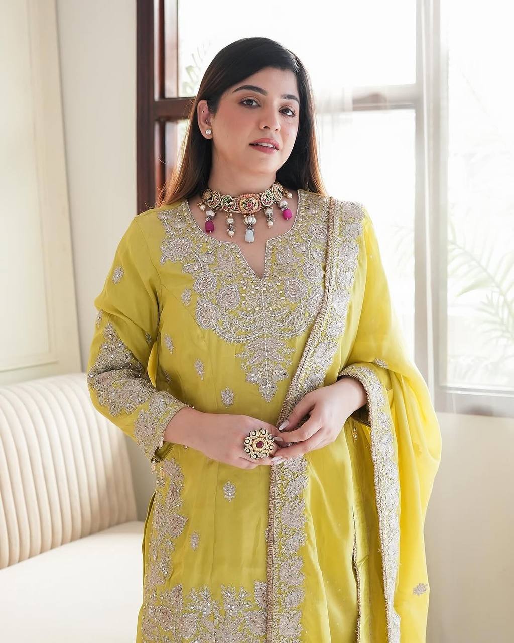 Yellow Designer Heavy Chinon Silk Top Gharara and Dupatta For Party Wear