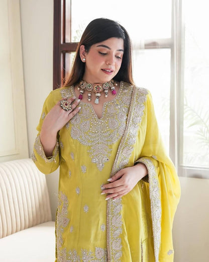 Yellow Designer Heavy Chinon Silk Top Gharara and Dupatta For Party Wear
