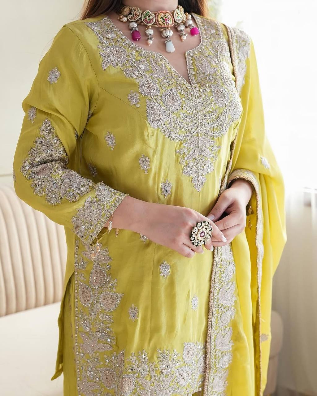 Yellow Designer Heavy Chinon Silk Top Gharara and Dupatta For Party Wear