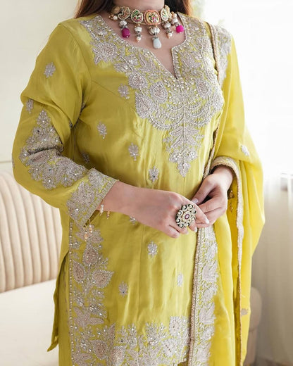Yellow Designer Heavy Chinon Silk Top Gharara and Dupatta For Party Wear