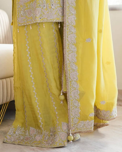 Yellow Designer Heavy Chinon Silk Top Gharara and Dupatta For Party Wear