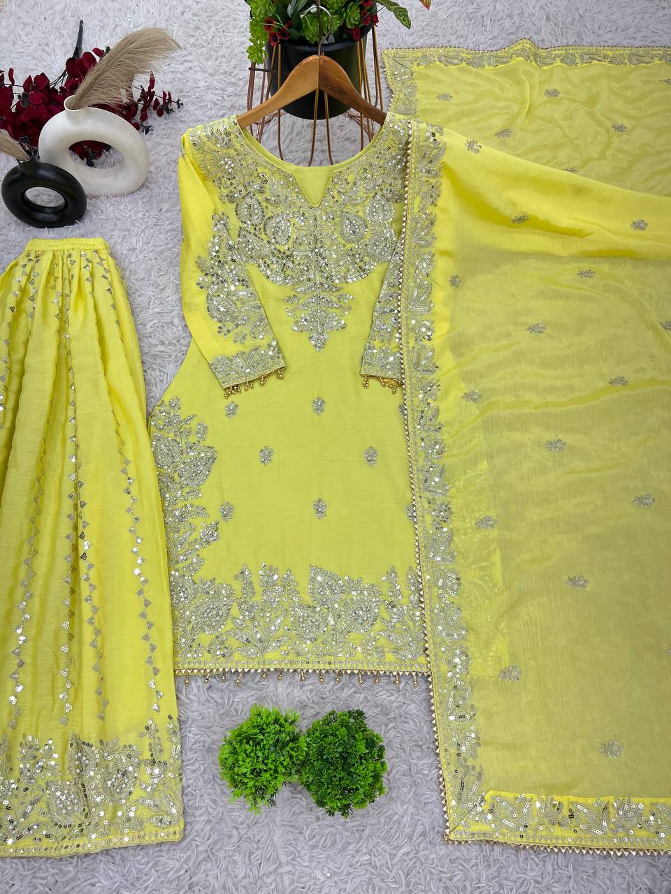 Yellow Designer Heavy Chinon Silk Top Gharara and Dupatta For Party Wear