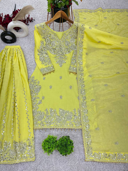 Yellow Designer Heavy Chinon Silk Top Gharara and Dupatta For Party Wear