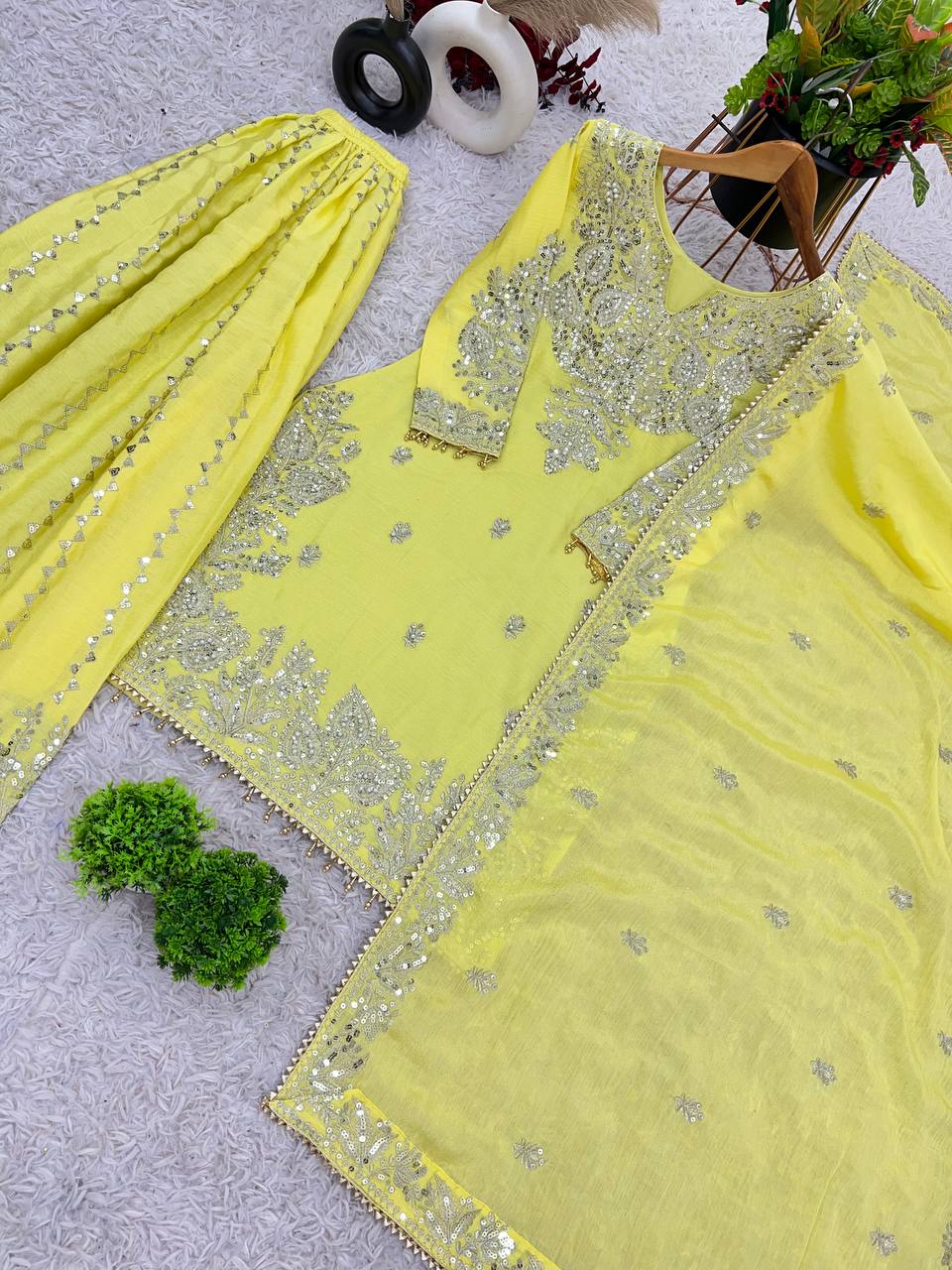 Yellow Designer Heavy Chinon Silk Top Gharara and Dupatta For Party Wear