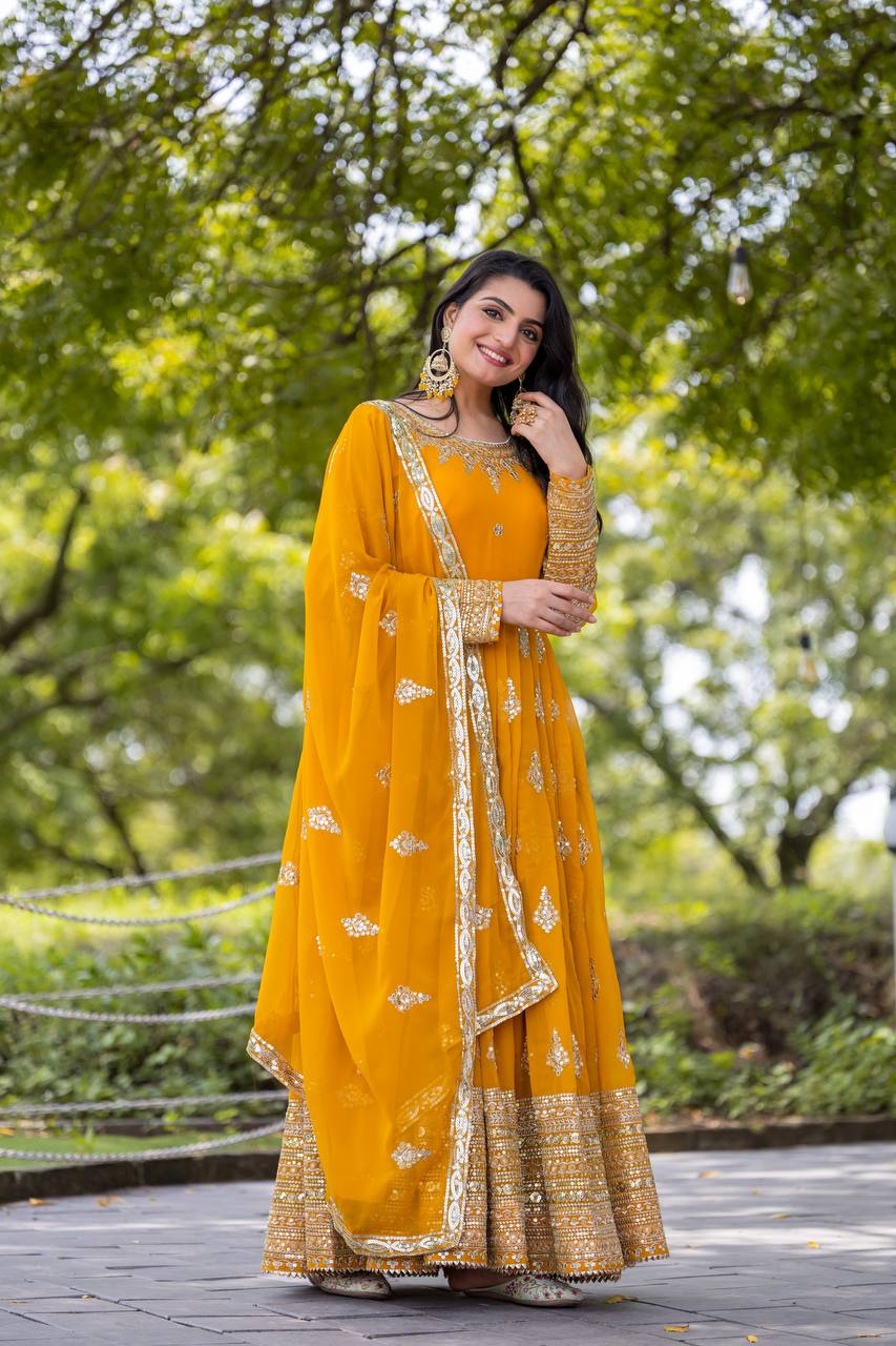 Yellow Designer Heavy Faux Georgette Gown and Dupatta For Party Wear