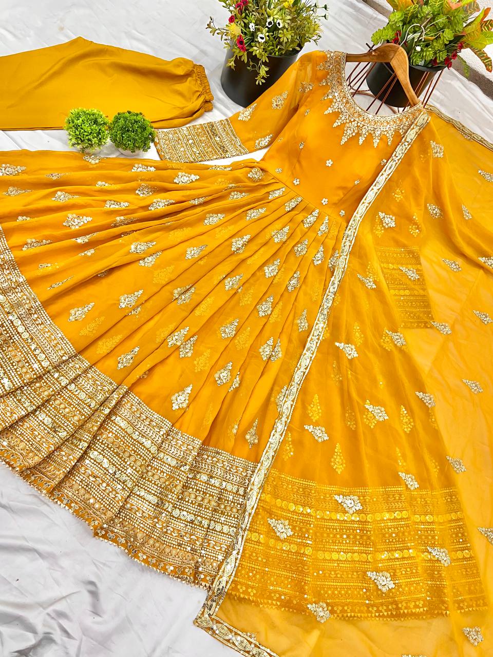 Yellow Designer Heavy Faux Georgette Gown and Dupatta For Party Wear