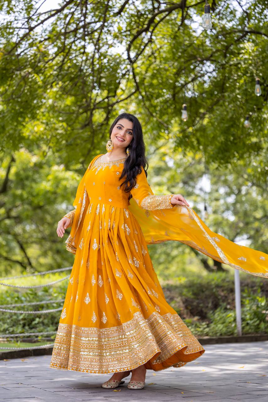 Yellow Designer Heavy Faux Georgette Gown and Dupatta For Party Wear