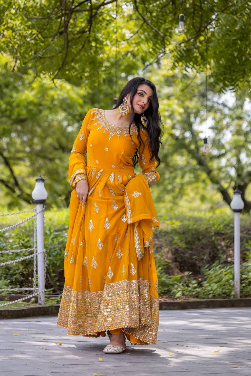 Yellow Designer Heavy Faux Georgette Gown and Dupatta For Party Wear