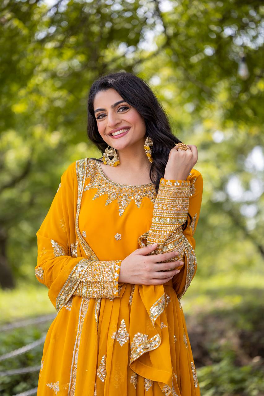 Yellow Designer Heavy Faux Georgette Gown and Dupatta For Party Wear
