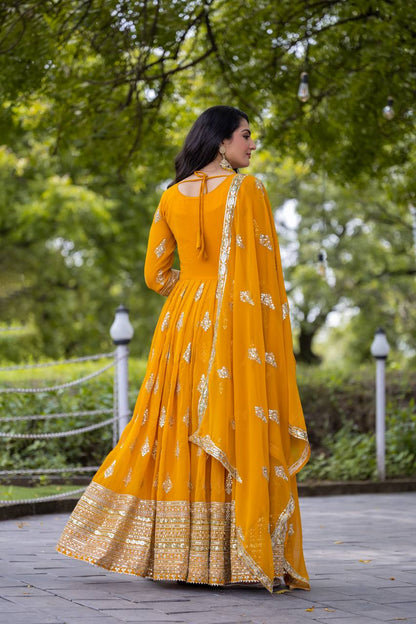 Yellow Designer Heavy Faux Georgette Gown and Dupatta For Party Wear