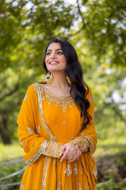 Yellow Designer Heavy Faux Georgette Gown and Dupatta For Party Wear