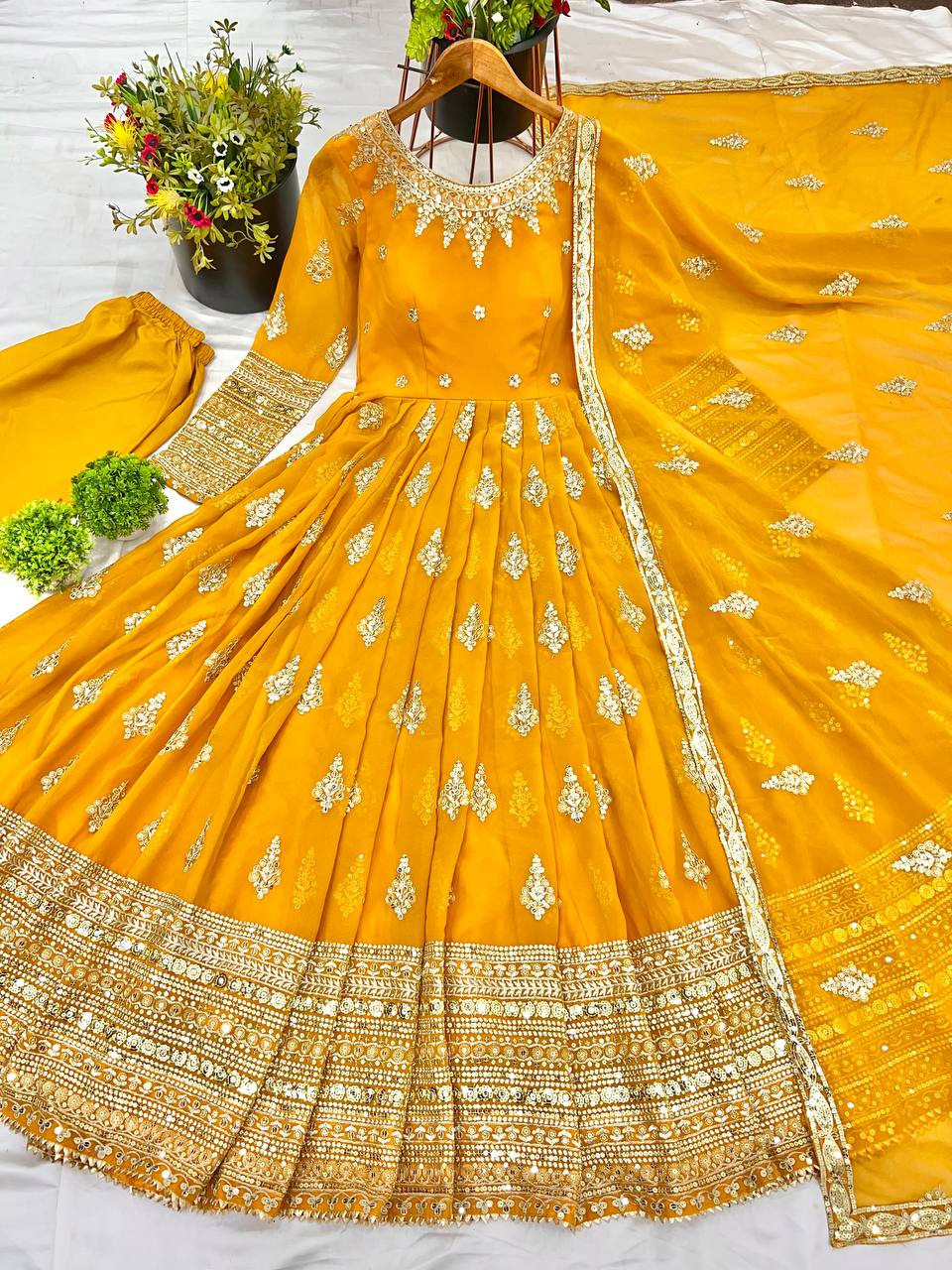 Yellow Designer Heavy Faux Georgette Gown and Dupatta For Party Wear
