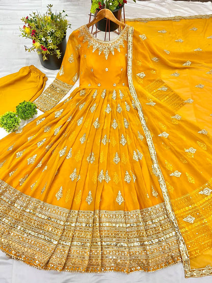 Yellow Designer Heavy Faux Georgette Gown and Dupatta For Party Wear