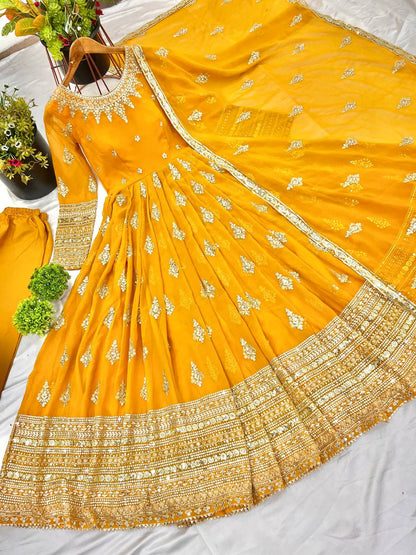 Yellow Designer Heavy Faux Georgette Gown and Dupatta For Party Wear