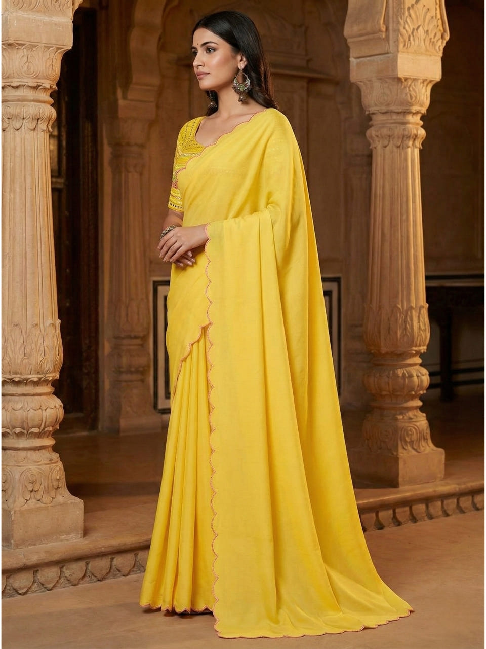 Yellow Georgette Aari Embroidery Border Saree with Work Blouse