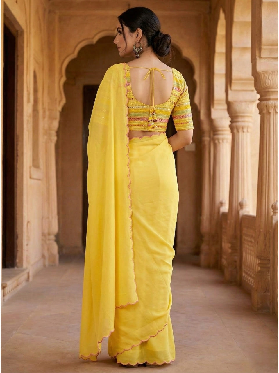Yellow Georgette Aari Embroidery Border Saree with Work Blouse