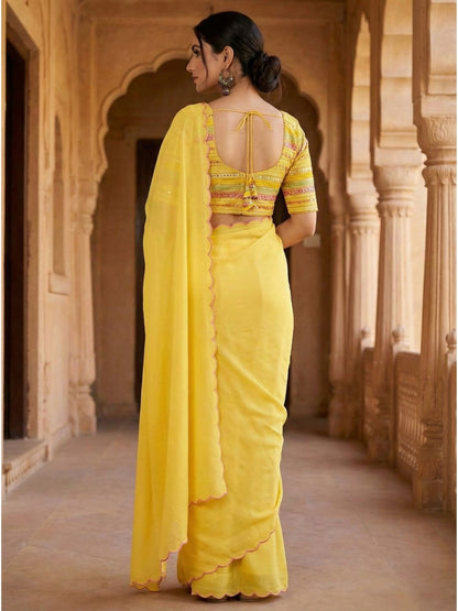 Yellow Georgette Aari Embroidery Border Saree with Work Blouse