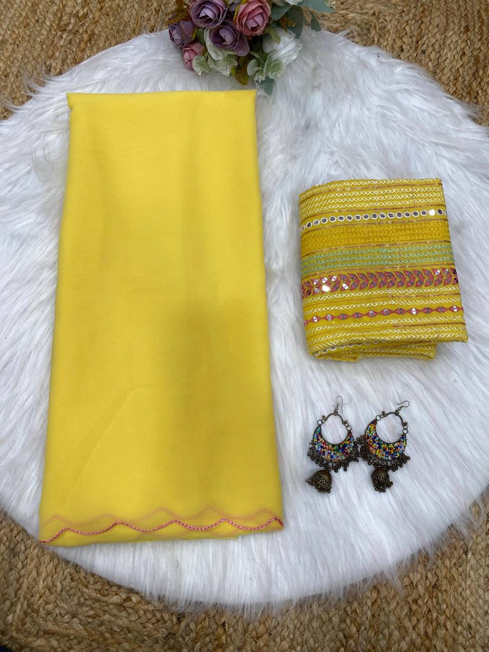 Yellow Georgette Aari Embroidery Border Saree with Work Blouse