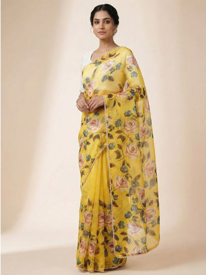 Yellow Georgette Digital Print Saree with Moti Lace Border & Blouse