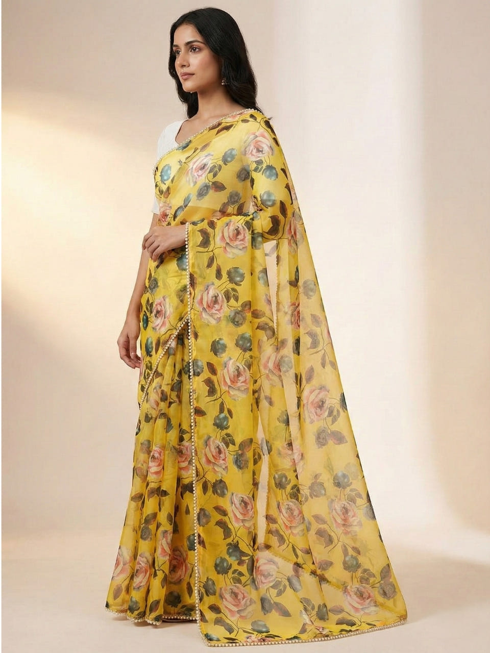 Yellow Georgette Digital Print Saree with Moti Lace Border & Blouse