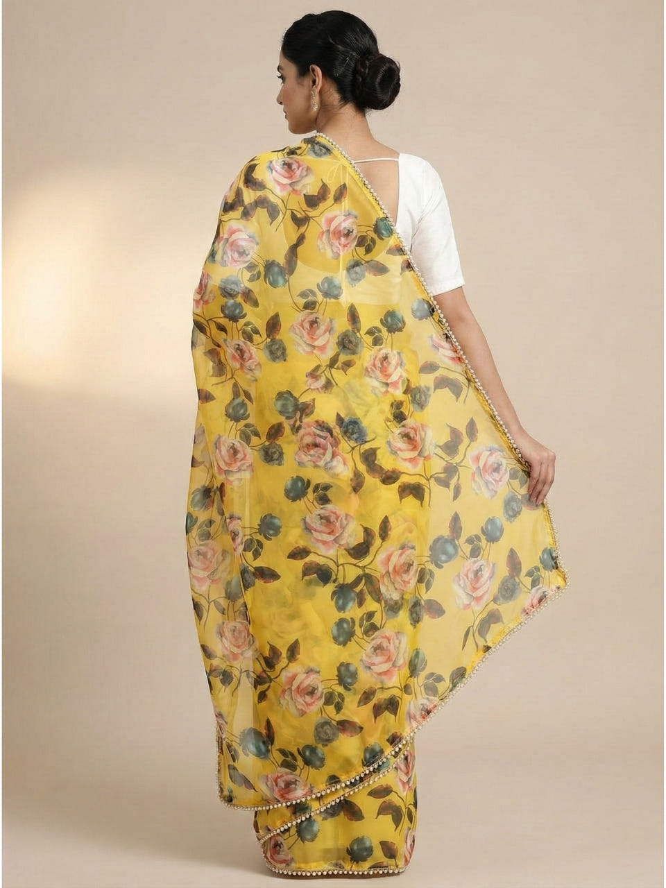 Yellow Georgette Digital Print Saree with Moti Lace Border & Blouse