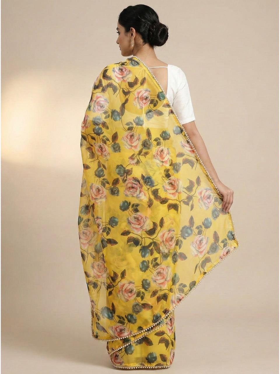 Yellow Georgette Digital Print Saree with Moti Lace Border & Blouse