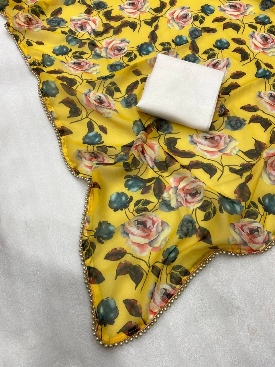 Yellow Georgette Digital Print Saree with Moti Lace Border & Blouse