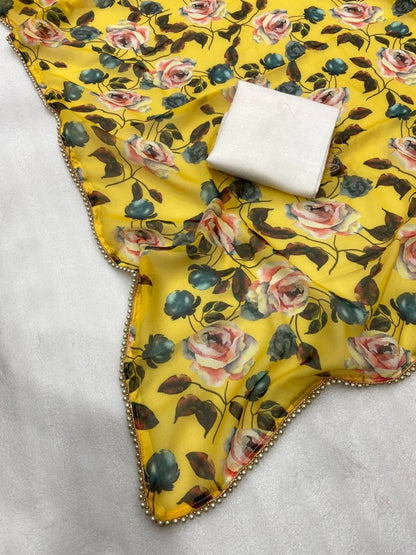 Yellow Georgette Digital Print Saree with Moti Lace Border & Blouse