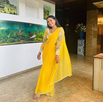 Yellow Georgette Digital Printed Organza Saree with Designer Blouse 