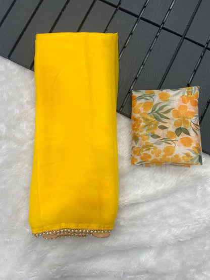 Yellow Georgette Digital Printed Organza Saree with Designer Blouse 