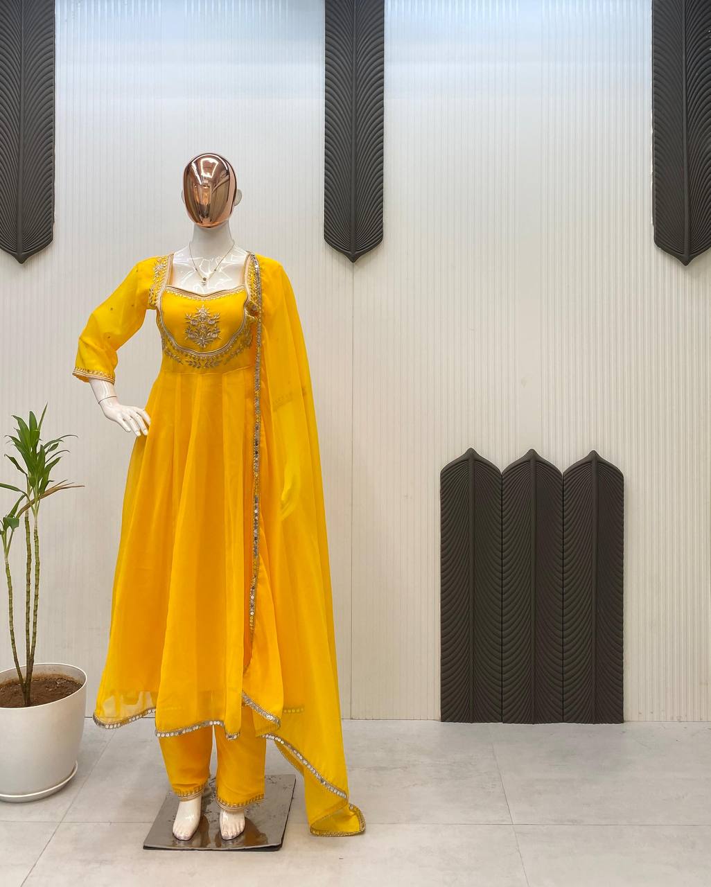 Yellow Gown & Pant Set with Sequence Embroidery and Lace Border Dupatta