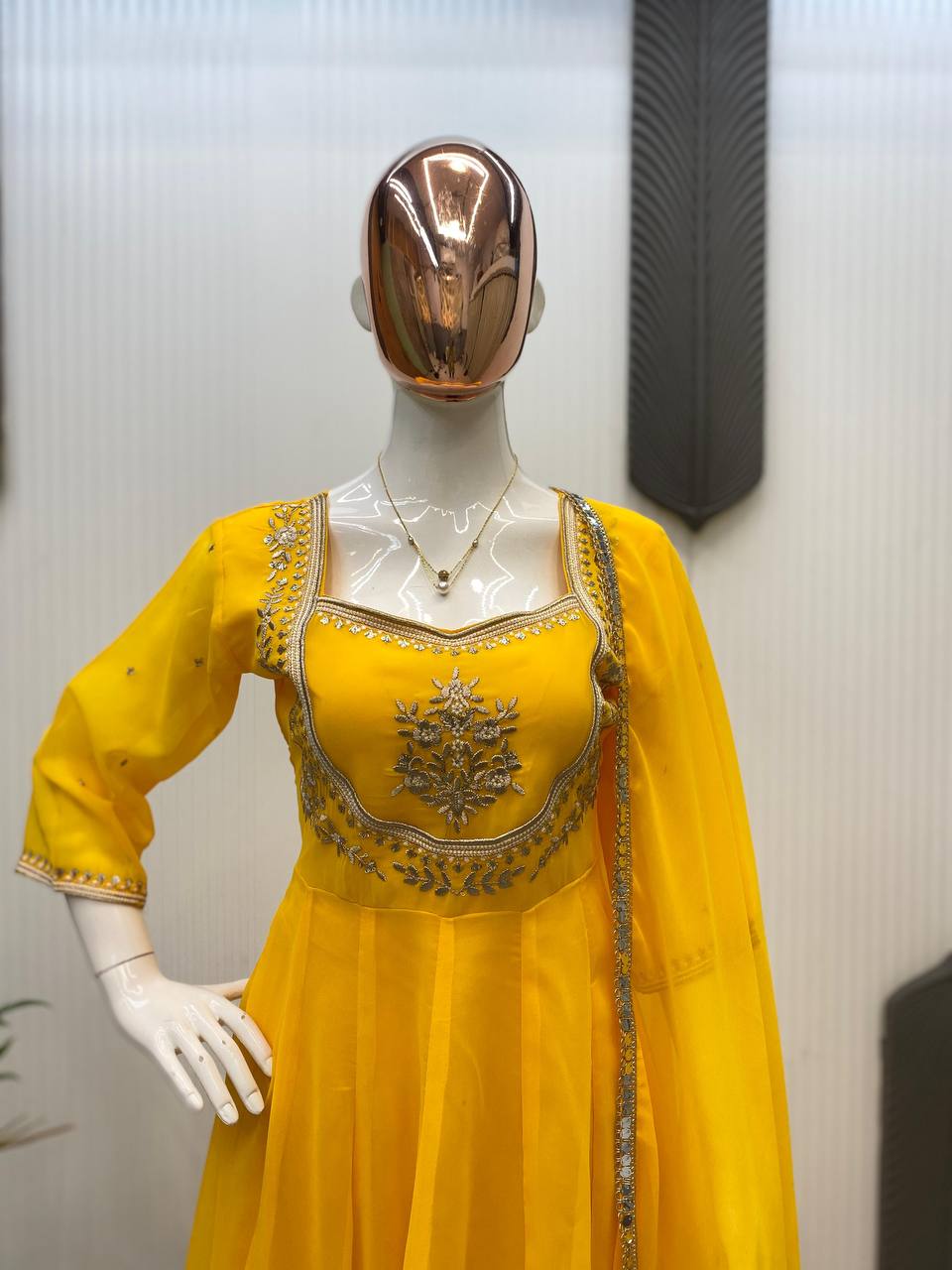 Yellow Gown & Pant Set with Sequence Embroidery and Lace Border Dupatta