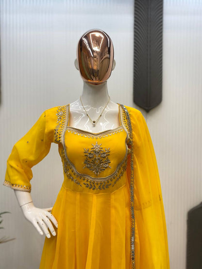 Yellow Gown & Pant Set with Sequence Embroidery and Lace Border Dupatta
