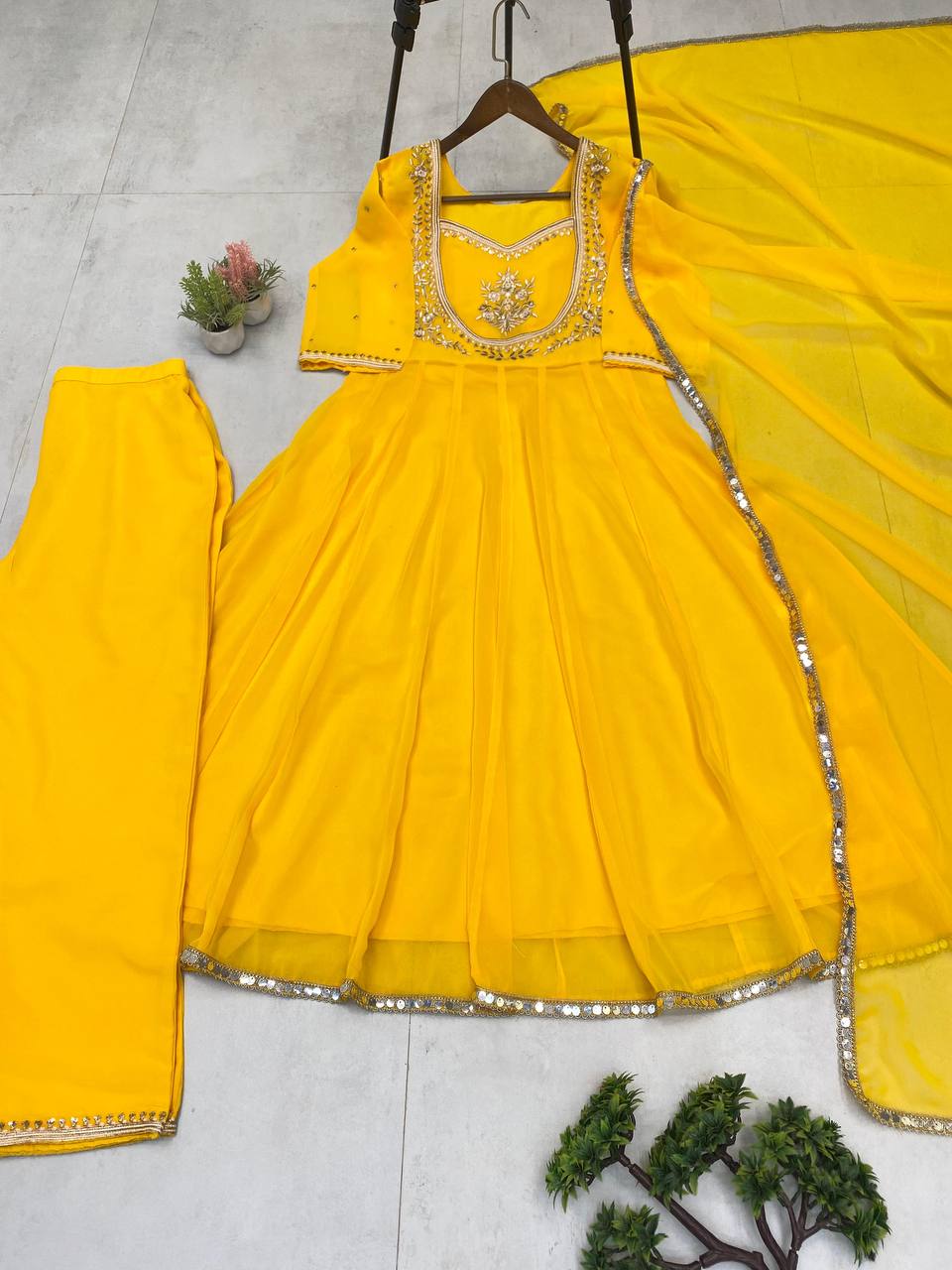 Yellow Gown & Pant Set with Sequence Embroidery and Lace Border Dupatta