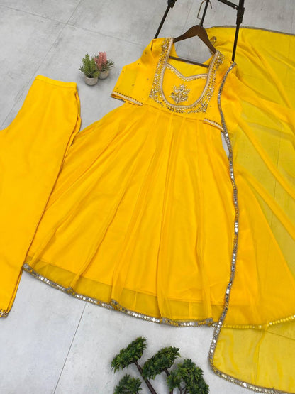 Yellow Gown & Pant Set with Sequence Embroidery and Lace Border Dupatta