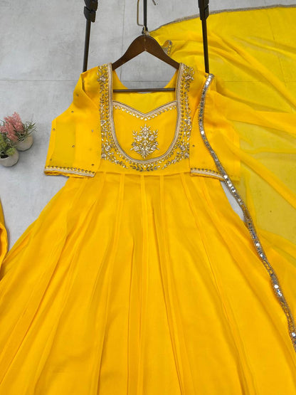 Yellow Gown & Pant Set with Sequence Embroidery and Lace Border Dupatta